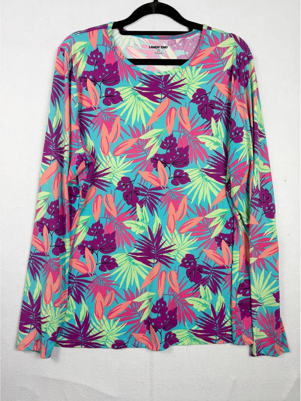 Lands End Womens Swim Shirt Sz L Tropical Print Rash Guard UPF Long Sleeve